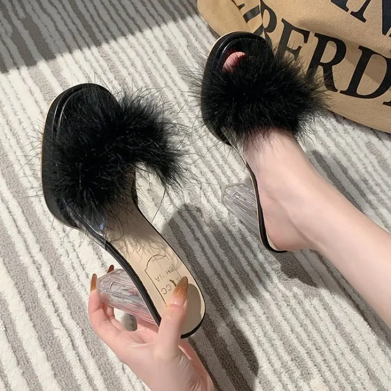 NEW Summer Woman Pumps Transparent Feather Perspex Crystal High Heels Fur Peep Toe Mules Slippers Ladies Slides Sexy Shoes New