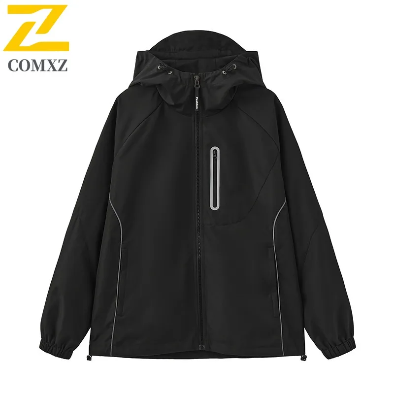 Men Reflective Strip Hooded Windbreaker Autumn Streetwear American Style Casual Waterproof Windproof Outdoor Lightweight Coat​