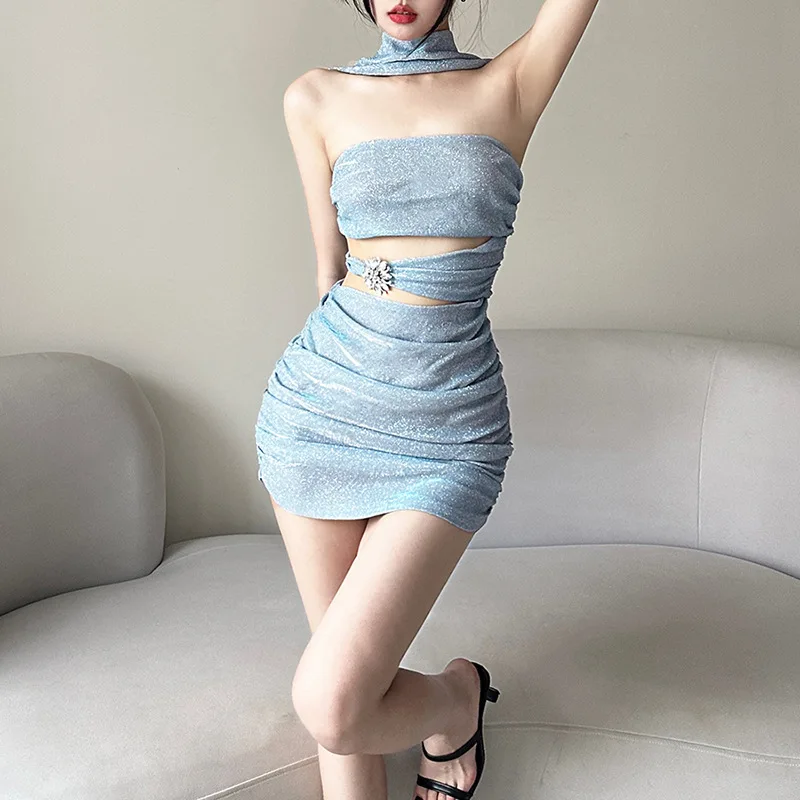 Nibber Solid Color Flash Hollow Summer Bachelor Party Sexy Pretty Mature Beautiful Confident Tight Hot Cool Women's Halter Dress