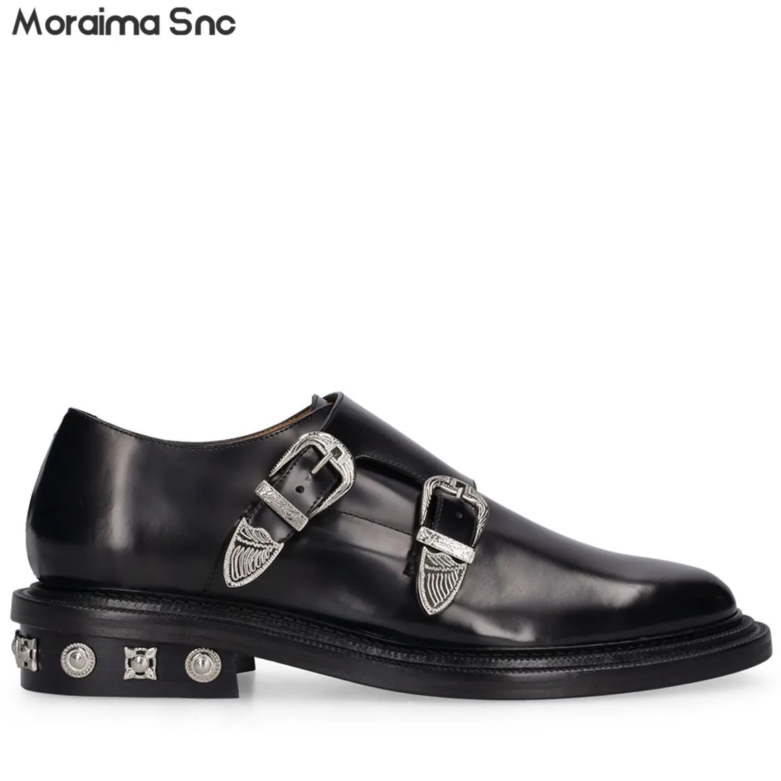 

Rivet Belt Buckle Black Monk Shoes Round Toe Shallow Mouth Retro Casual Leather Shoes Business Large Size Men's Shoes