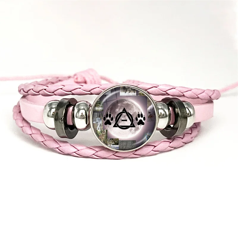 Therian Symbol Cat Wolf Fox Therian Pink Leather Bracelet Glass Cabochon Button Multilayer Bangles Wristband Gift 3