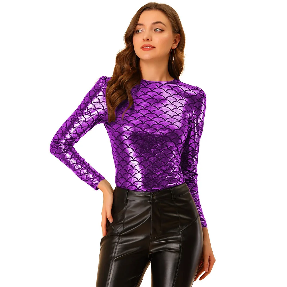 Sexy Faux Leather Long Sleeve Round Neck T-Shirts, Skinny Blouse, Shiny Fish, Mermaid Scales Shirt, Party Tops, Clubwear , 7XL 3