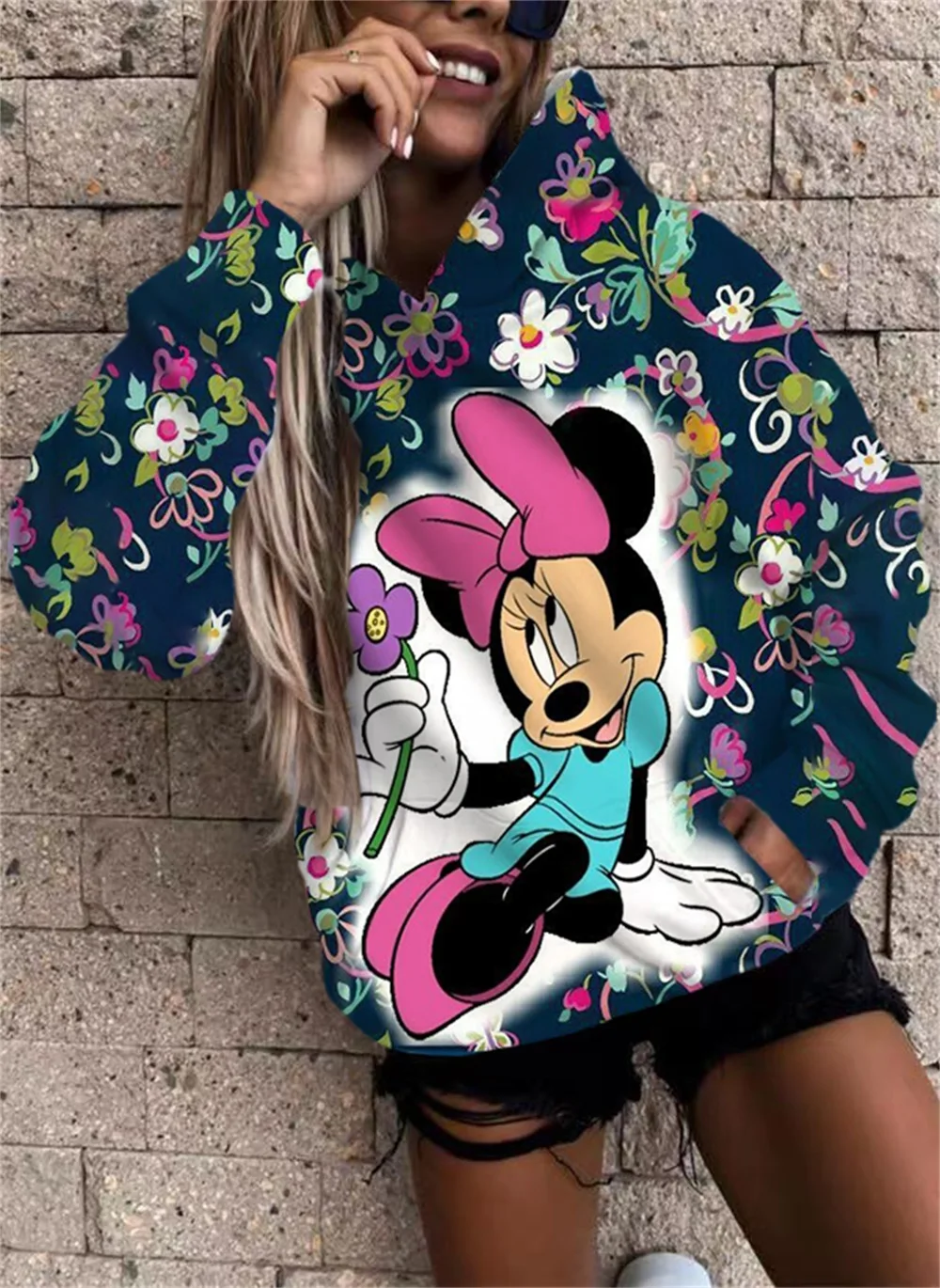 

New Ladies Fashion Street Minnie Disney Mickey Floral Print Dress Autumn Lazy Casual Versatile Sports Comfortable Pocket Sweater