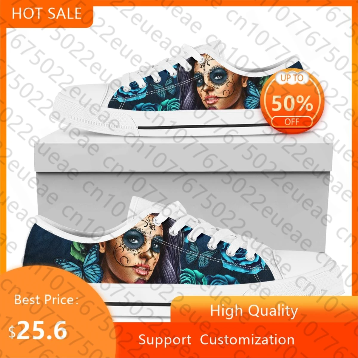 

BKQU HOT Sugar Skull Calavera Girl Women Sneakers 2022 Fashion Breathble Vulcanized Canvas Flat Shoes Women Lace up Shoes White