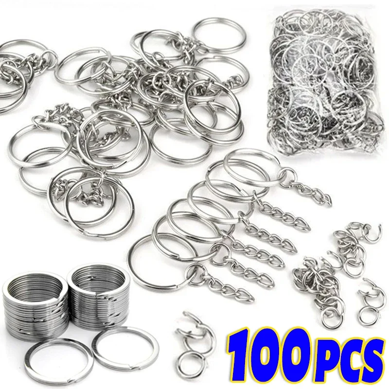 

50/100pcs Metal Blank Keyring Keychain Split Rings DIY Keyfob Key Ring Lobster Clasp Key Pendant Chains Buckles Stainless Steel