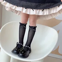 Girls Long Tube Lace Stockings Sweet Bow Jacquard Pattern Mesh Sock Baby Girl Ballet Fishing Net Frilly Socks Lolita Leggings 2