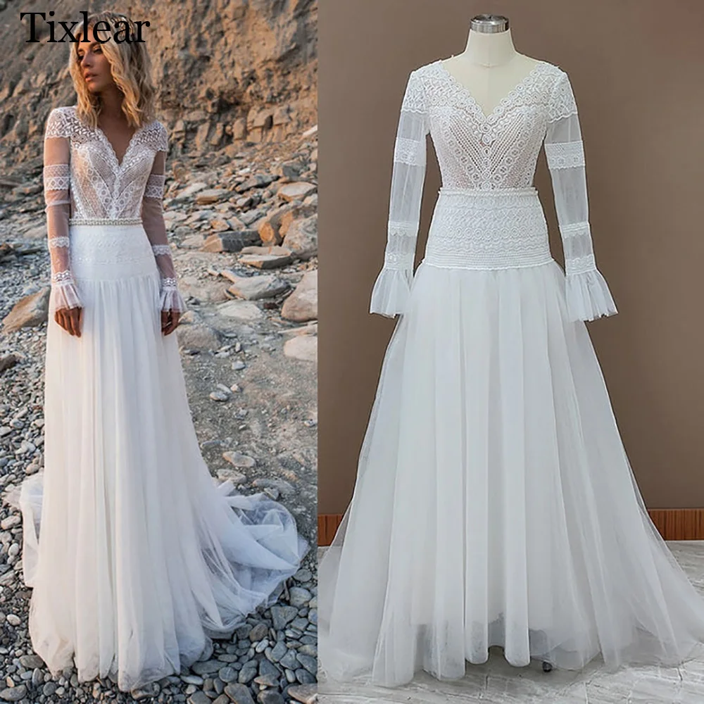 

TIXLEAR Elegant Wedding Dresses For Woman Popular Summer 2023 A-line V-Neck Tulle Lace Backless Draped Vestidos De Novia