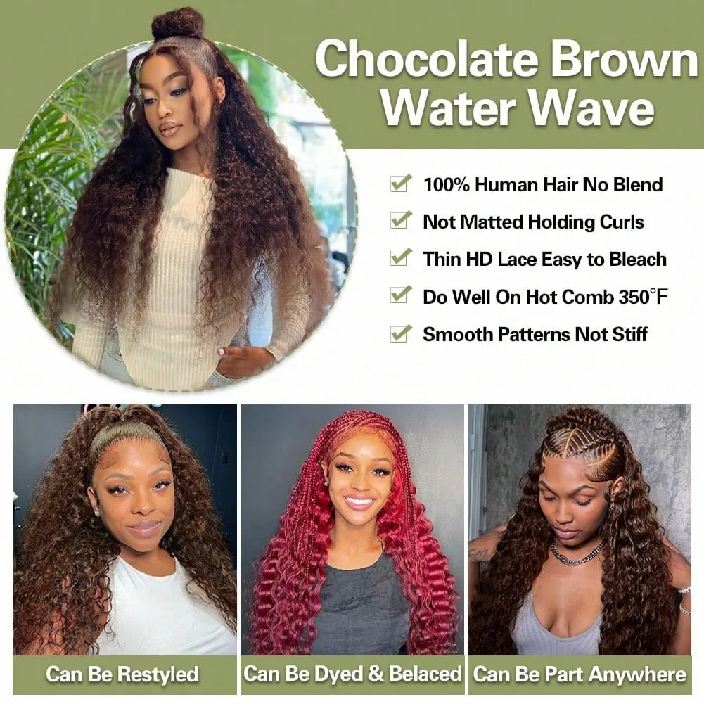 Chocolate Brown Deep Wave 13x6 Lace Front Wig Wig Human Hair Water Wave 250% Density Curly Wig Human Hair Brown Wigs Pre Plucked 5