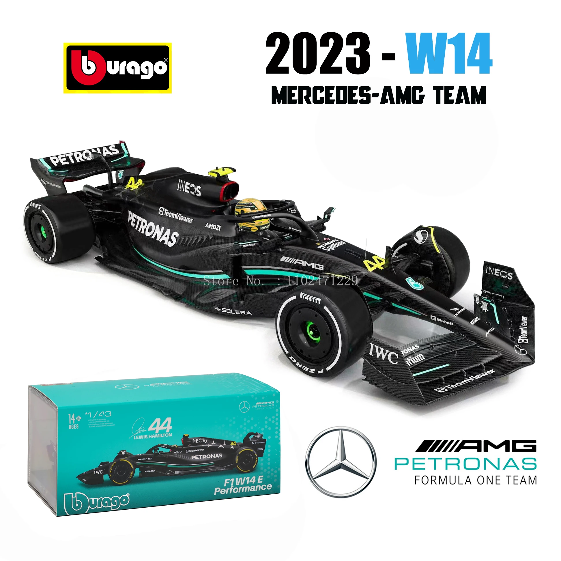 Bburago 1:43 Mercedes-Amg Team 2023 C43 W14 44 # Hamilton 63 # Russell Legering Auto Model Speelgoedserie Collectie Cadeau