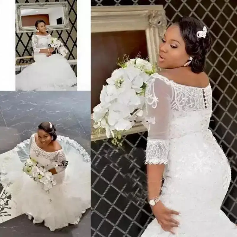 

Lace Wedding Dresses African Plus Size Half Sleeve Appliques Off Shoulder Mermaid Bridal Gowns Covereed Button Custom Made