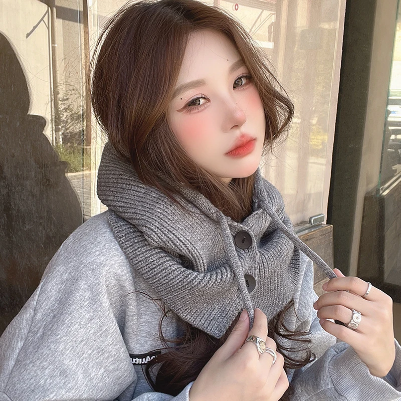 Winter Balaclava Hat Warm Knitted Women's Hood Hat Solid Color One-piece Neck Pullover Cap Outdoor Cashmere Caps 4
