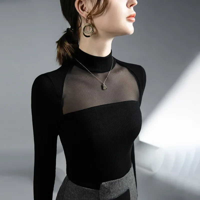 

Micro Transparent Mesh Patchwork Top, Black Spring and Autumn New Base Shirt, Women's Long Sleeved Chiffon Shirt
