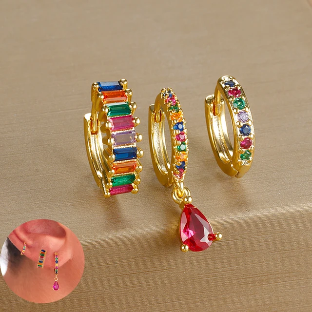 3PCS Colorful Cubic Zirconia Stainless Steel Hoop Earrings Set for Women Pendant Water Drop Earring Cartilage Piercing Jewelry 1