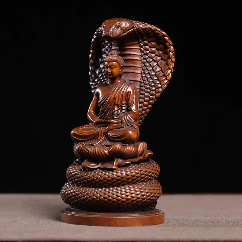 Vintage Serpent Buddha Statue, Huangyang (Boxwood), Wooden Carving, Antique Style Buddha Sculpture