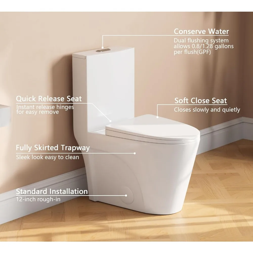 Elongated 1-Piece Toilet: 17" Comfort Height, Dual Flush 1.1/1.6 GPF, MAP 900g, 12'' Rough-In, Bathroom Toilet Bowl