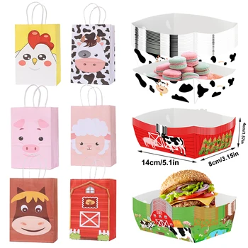6/8/12/24Pcs vassoi per alimenti per animali da fattoria ciotola per Snack sacchetti per bomboniere con manici regalo Goody Bag forniture per feste di compleanno a tema fattoria