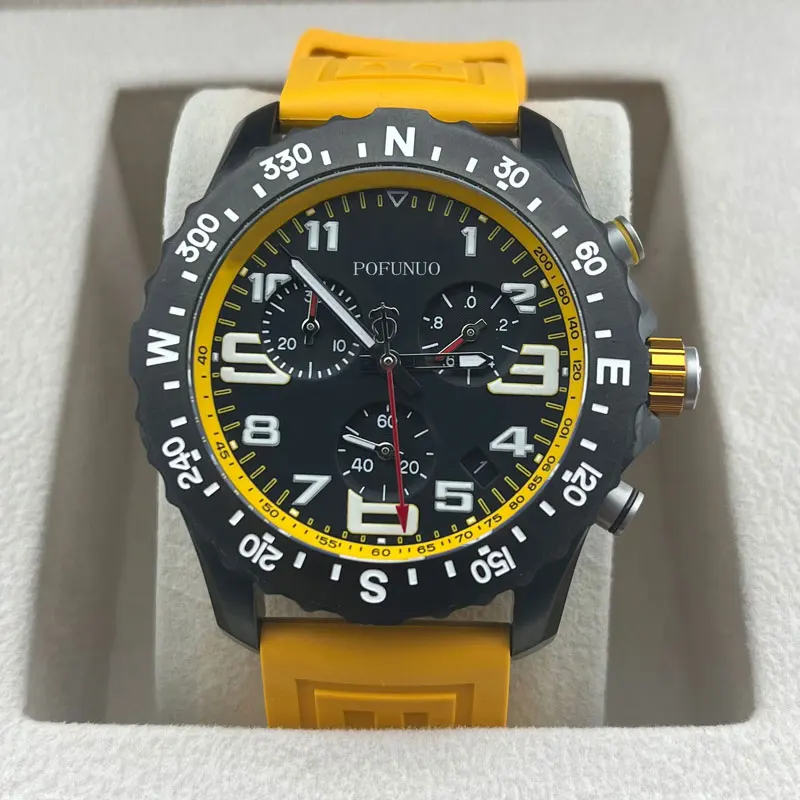 

44mm men's watch rubber strap black dial quartz chronograph multifunction sapphire glass luminous water resistant