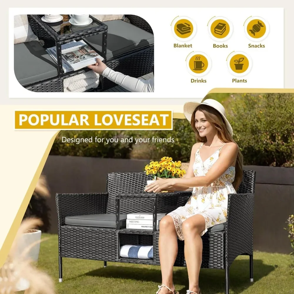 Outdoor Patio Loveseat Modern Rattan 2-Seat Patio Conversation Set with Cushions & Built-in Coffee Table Porch Furniture 4