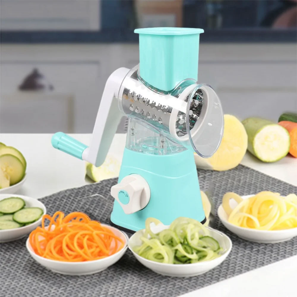 Manual 3-in-1 Rotary Food Processor, Manual Cheese Drum Grater, Hand-Powered Meat Grinder Slicer, Easy to Clean Oriental Kitchen Appliance with 3 Drum