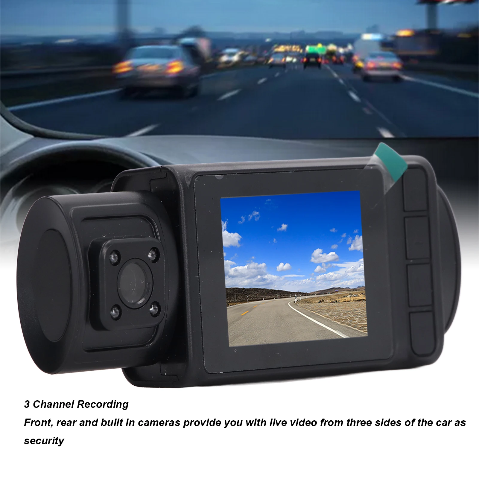 Dash Cam Dashboard Camera Recorder 2 Inch  Display Night Vision Motion Detection 1080P High Definition 3 Lens for Parking - 2