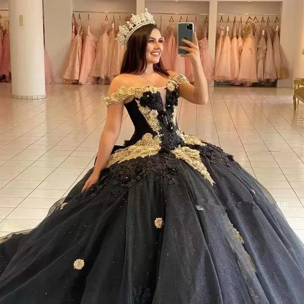 

ANGELSBRIDEP винтажное черное бальное платье, платья Quinceanera с открытыми плечами, милые платья на шнуровке с золотой аппликацией для дня рождения 16