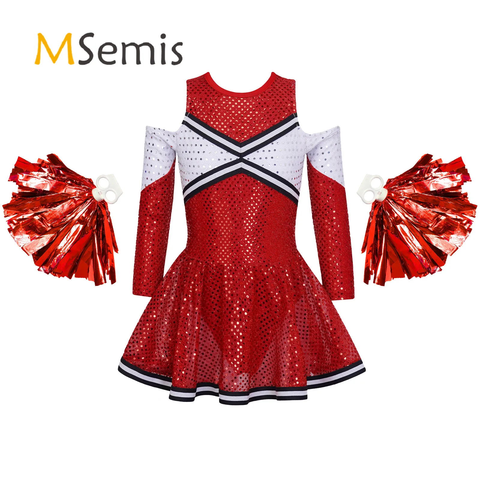 Kids Girls Cheerleading Uniform Long Sleeve Round Neckline Sequin Dress with 1 Pair Tassel Flower Balls Set Cheer Dance Costume