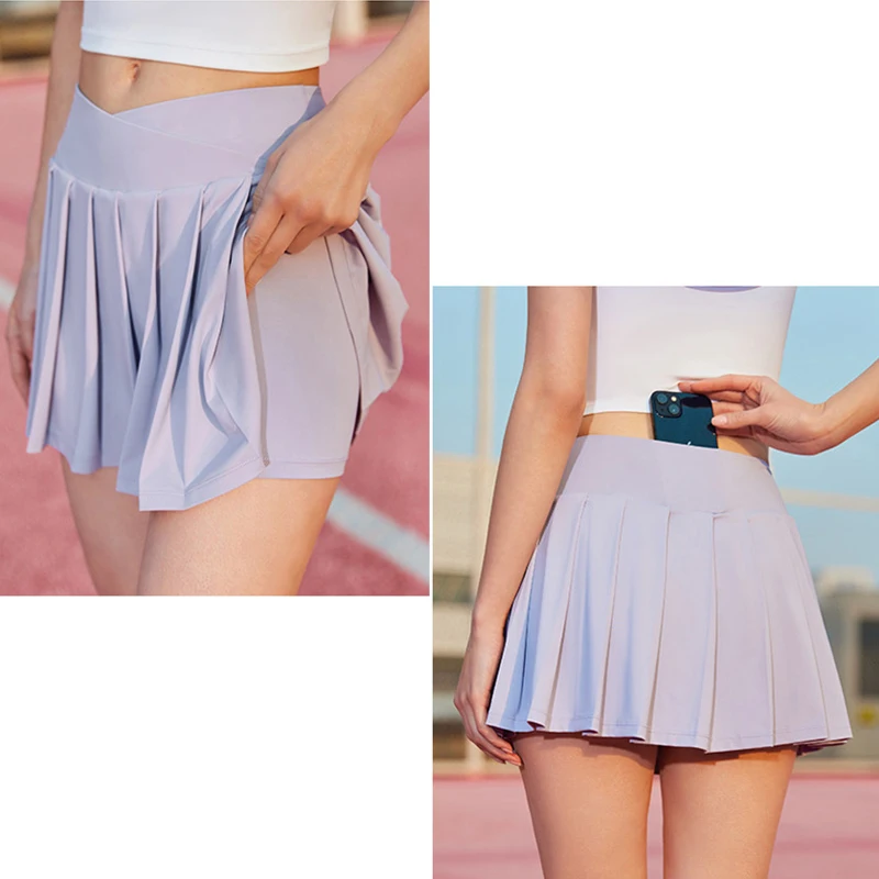 Tennis Fitness Sports Badminton Skirt Golf Wear For Women Solid Dance Pleated Skirt WIth Shorts Pocket Athletic Skort White New