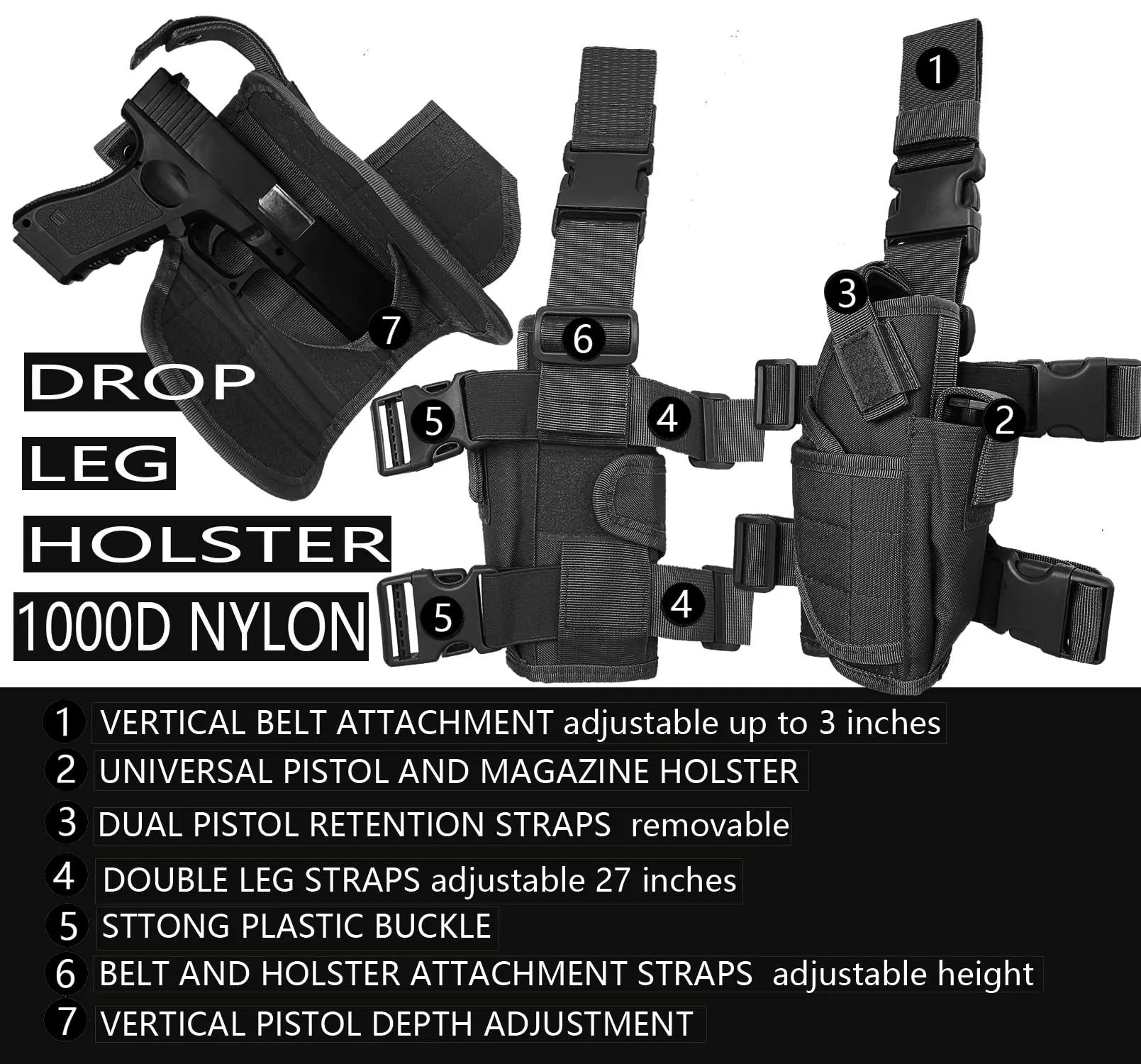 Enhanced Tactical Drop Leg Pistol Holster, Right Hand Adjustable