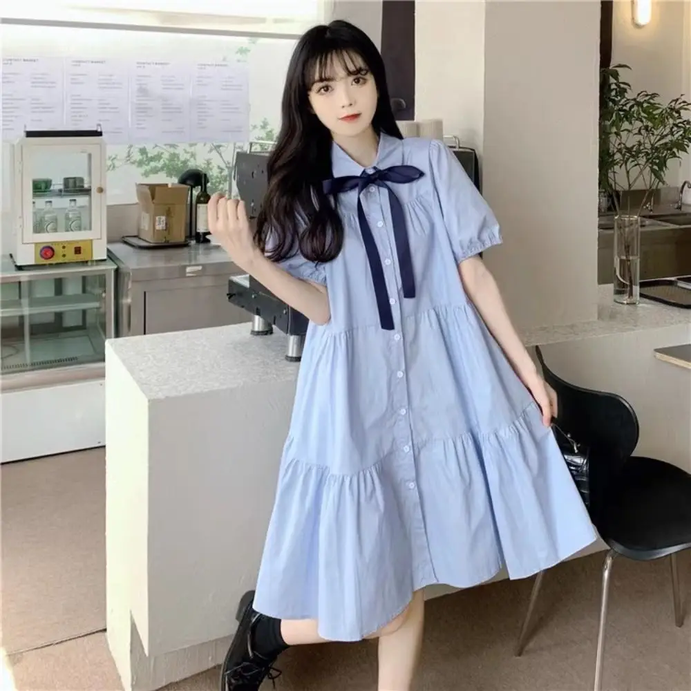 Bowknot Girl Princess Dress Preppy Style Loose Teenagers Shirt Dress Puff Short Sleeve Sweet Children Bubble Dresses Summer