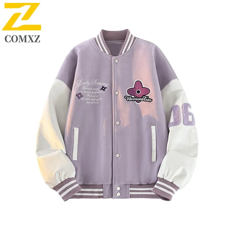 ​COMXZ Men Vintage Baseball Jacket Fall American Style Retro Windproof Waterproof Bomber Coat  Embroidery Streetwear Oversized
