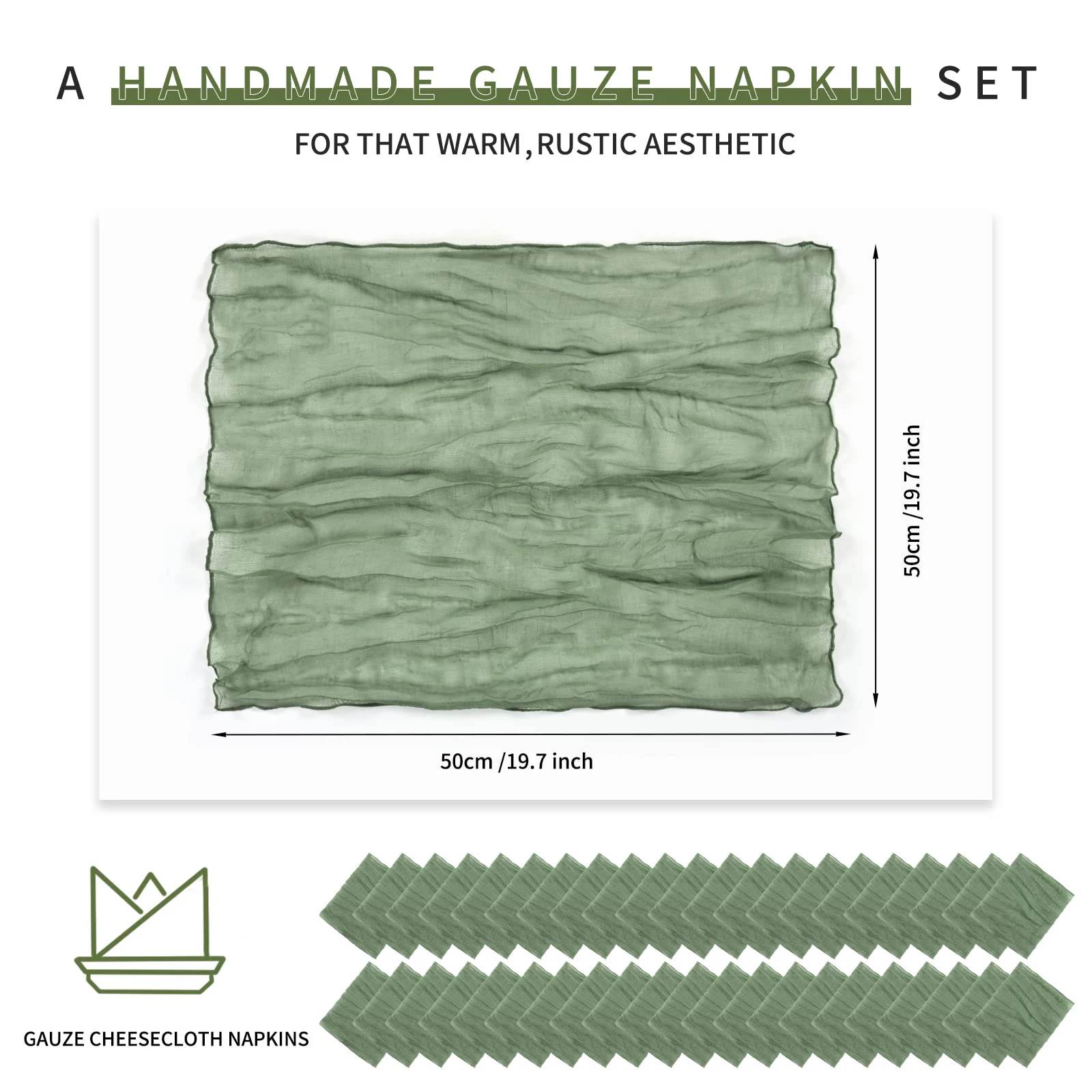 Elegant Sage Green Boho Gauze Table Napkins - Set of 10-100, 50x50cm