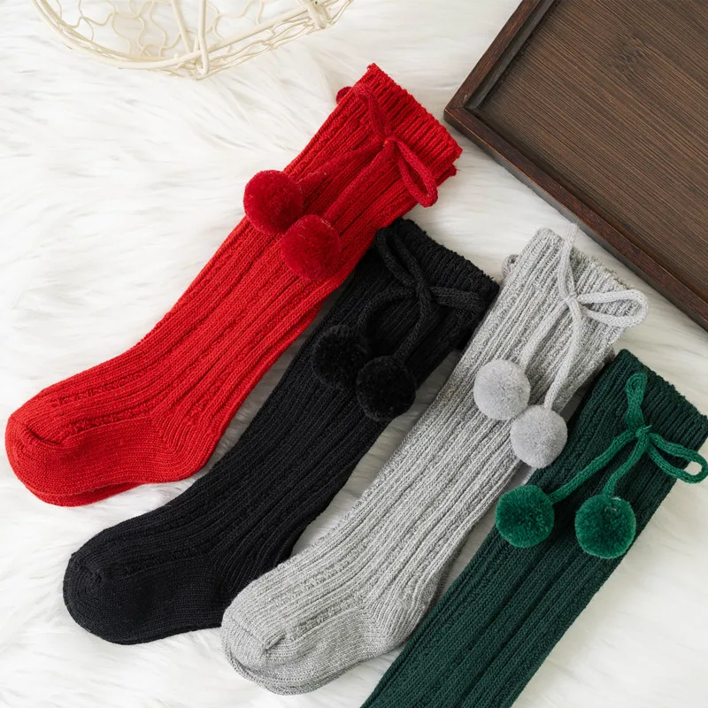 Autumn Winter Baby Girls Cherry Ball Knee High Socks Toddler Tube Princess Sock For Kids Knitted Socken Leg Warmer For 0-5Years 1