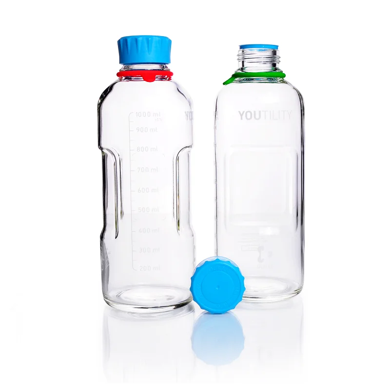 DURAN&reg; YOUTILITY&reg; GL 45 Laboratory Bottle (clear), with screw cap and pouring ring (PP, cyan), with DIN 168-1 thread, graduated