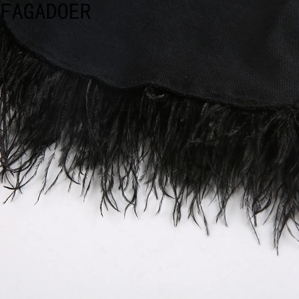 FAGADOER Black Fashion Denim Feather Splicing Shorts Women High Waist Button Pocket Slim Jean Casual Female Cowboy Bottoms 2024