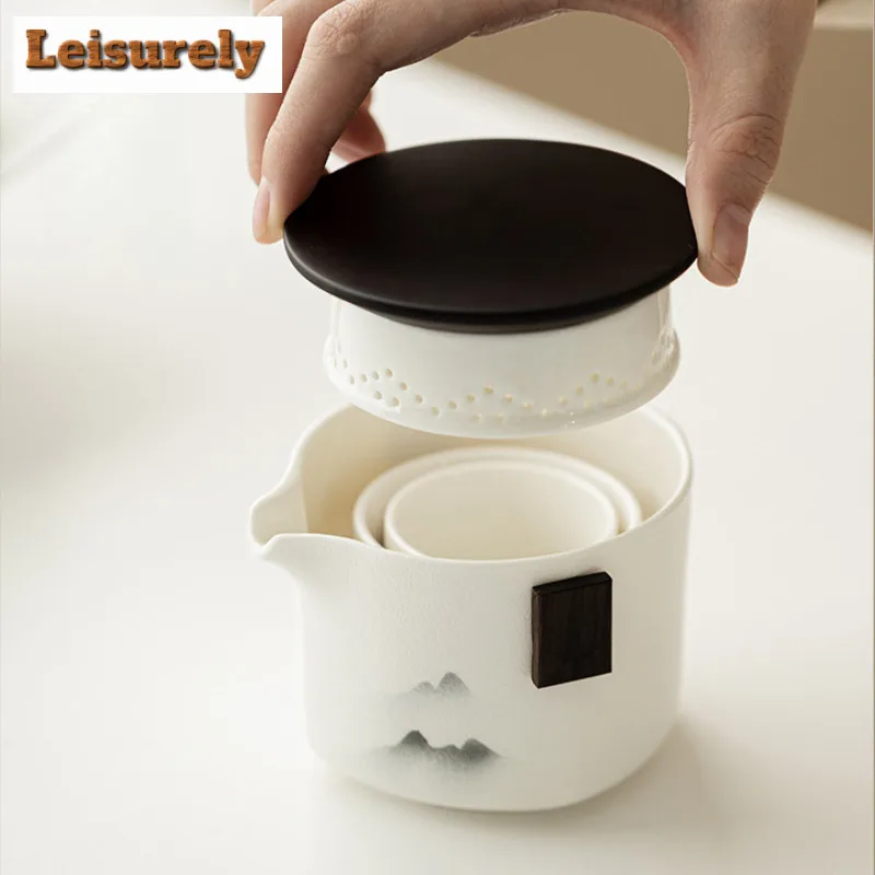 Ink Rhythm Landscape Travel Tea Set Kit Retro 1 Pot 2 Cups Household Tea Making Organizer Portable Outdoor Handbag Decoration