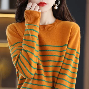 بلوفرات نسائية موضة 2025 سترة مخططة بلونين لخريف وشتاء جديد بأكمام طويلة من الكشمير ملابس علوية غير رسمية متعددة الاستخدامات طبقة أساسية 4