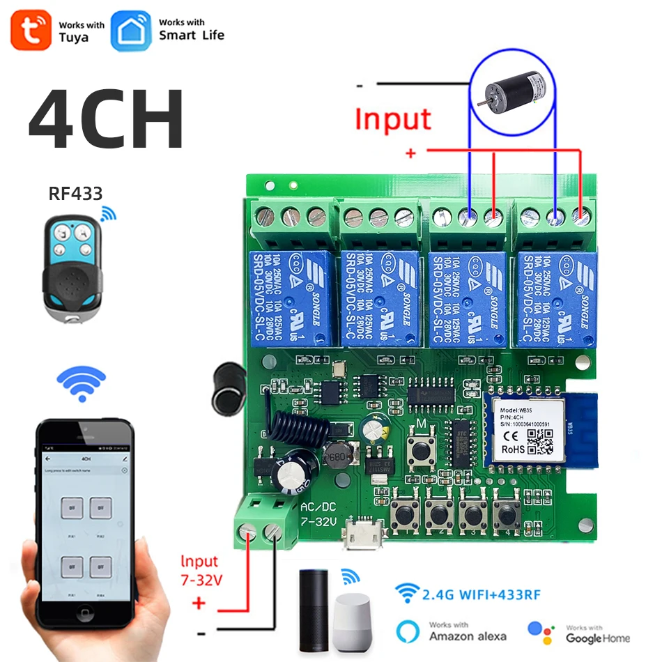 4CH Wifi Smart Home Motor Controller,DC 12V 24V 32V 220V RF433 Remote,4 Channel Relay Switch for Alice Alexa,Tuya Smart Life