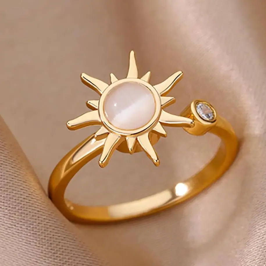 Rotating Sun Opal Ring Stainless Steel Retro Charm Adjustable Open Rings