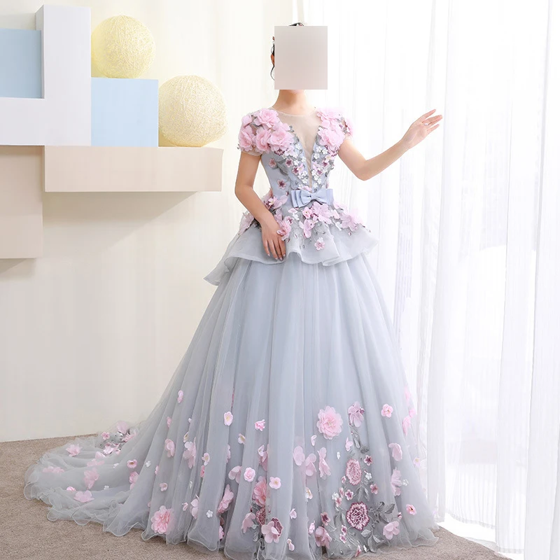 

GUXQD Elegant 3D Flowers Women Evening Dresses Court Train Appliques Prom Party Gowns Formal Vestido De Fiesta Abendkleider