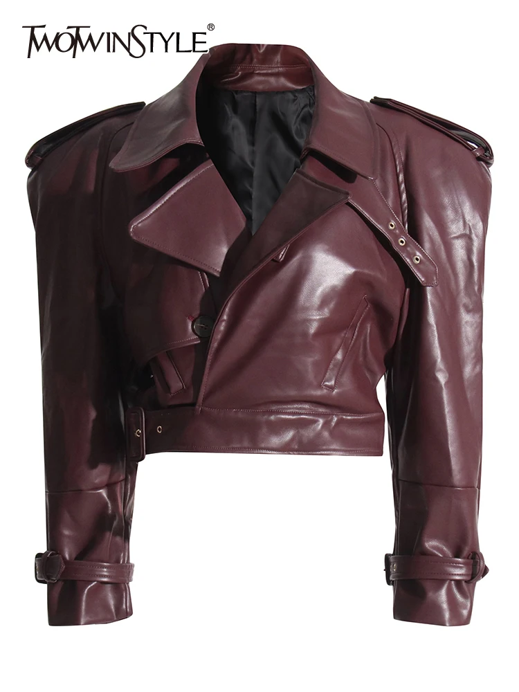 

TWOTWINSTYLE Solid Patchwork Button Casual Slimming Leather Coats For Women Lapel Long Sleeve Vintage Jackets Female Fashion New