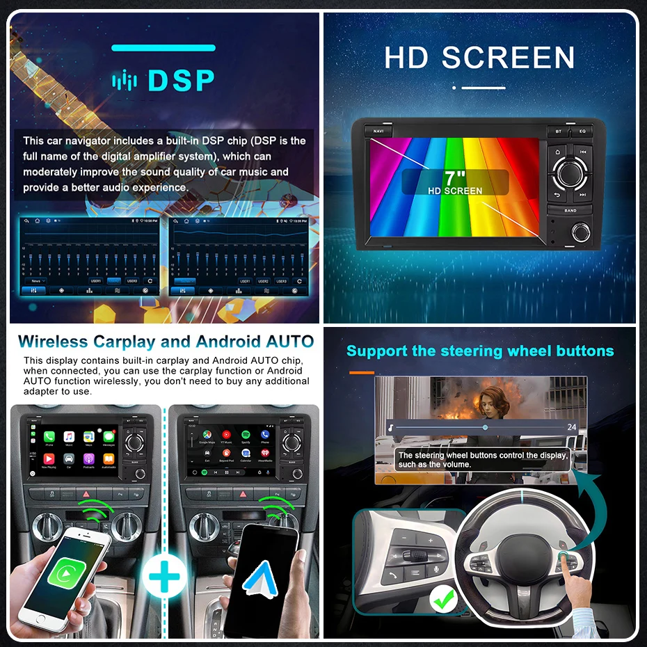 Radio para Auto con Pantalla de 7 Pulgadas, Android 15, Carplay, Estéreo para Audi A3 S3 8P 3 Puertas Hatchback RS3 Sportback 2003-2012, Bluetooth, Navegación BT 4