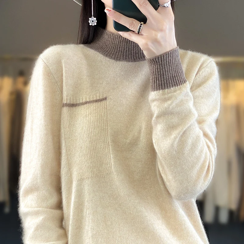 

Pullover 100% Wool Sweater Women's Autumn and Winter Knitting Full Sleeve 23 New Half High Collar Women's Sweater Comfortable