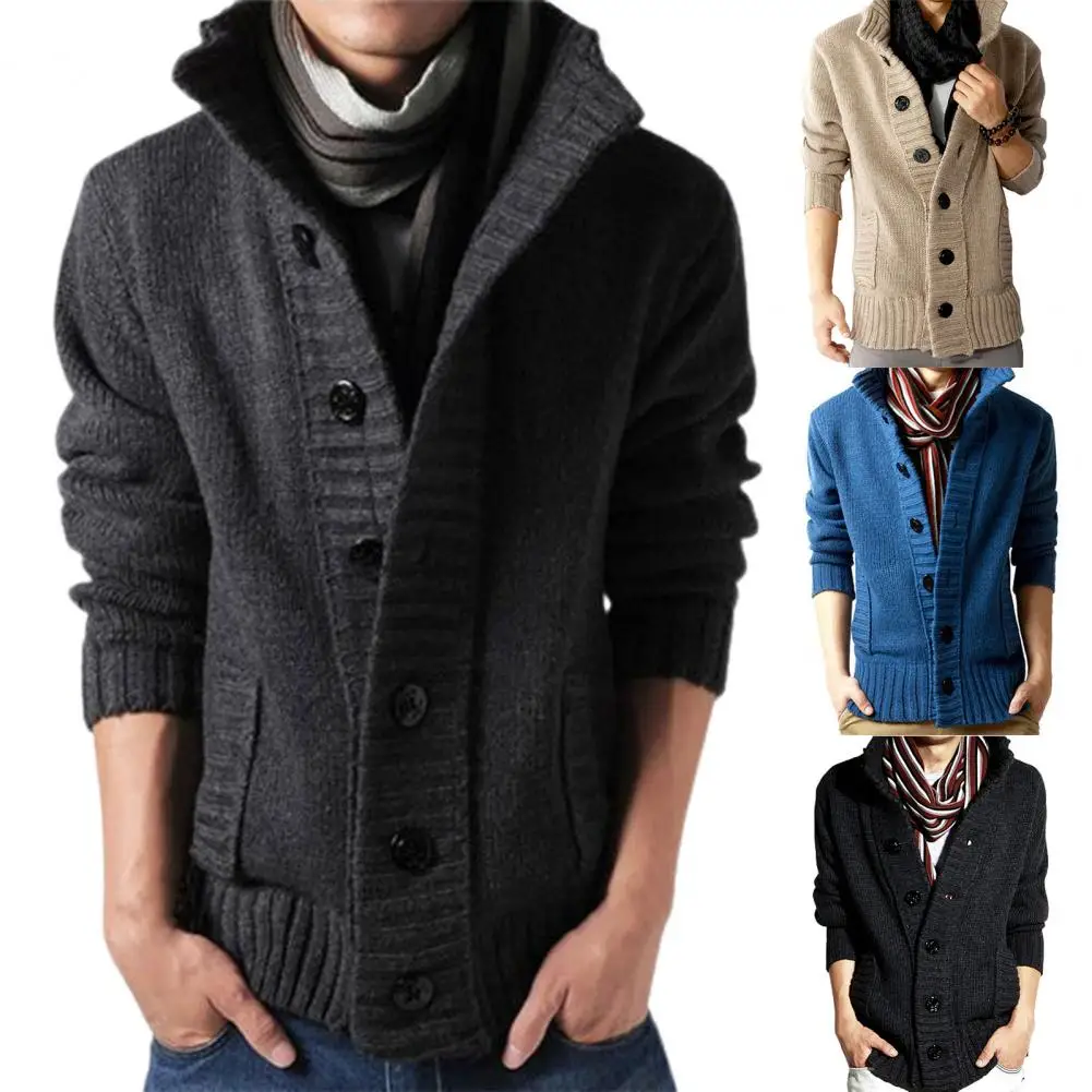 

Chic Knitted Cardigan Ribbed Cuff Long Sleeve Comfy Thickened Warm Men Cardigan Sweater