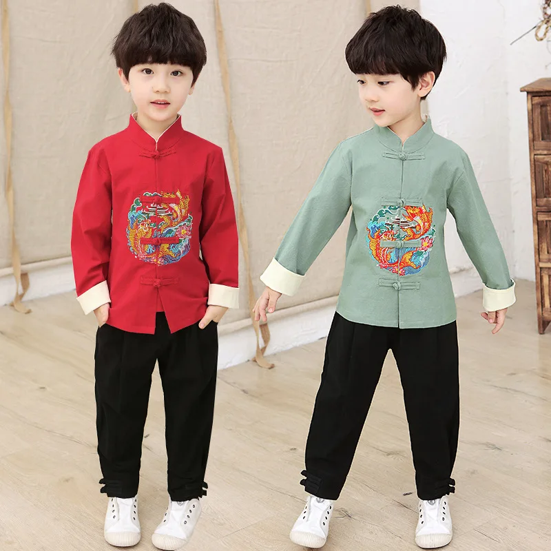 Boys Performance Costumes Embroider Fish Hanfu Set New Year Chinese Style Tang Clothes Set 2Pcs Long Sleeve Outfit Shirt&pants