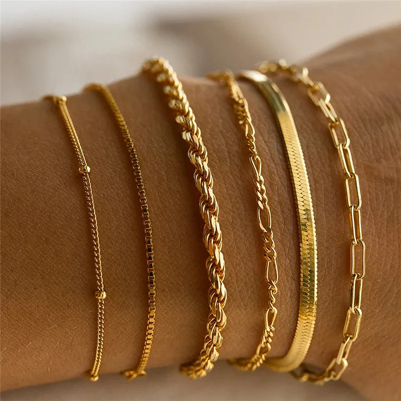 6Pcs/Set Bohemian Multi-layer Thin Chain Bracelets for Women Minimalist Gold Color Metal Bangles Summer Y2K Jewelry Accessories 1