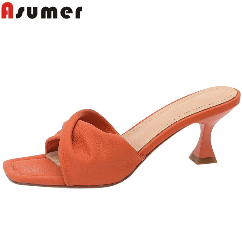 

ASUMER 2024 New Genuine Leather Summer Shoes Elegant Ladies Party Slippers Square Toe Thin High Heels Slippers