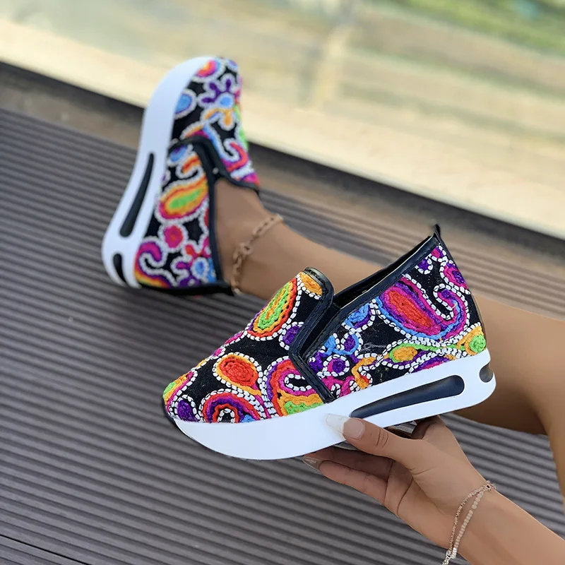 Women's Floral Pattern Embroidery Wedge Shoes round Toe Mesh Platform Sneakers Fashion Spring Autumn Increase Height