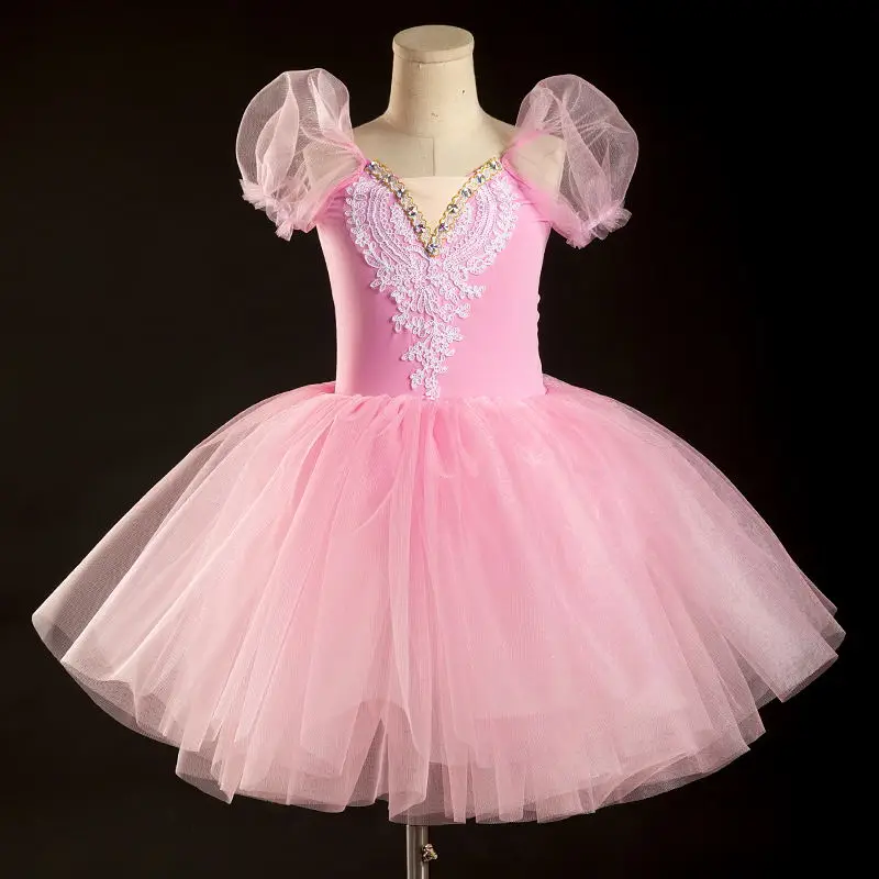 Puff Sleeves Girls Ballet Dress Long Children's Professional Ballet Costume Performance Clothes Modern Dance Princess Dress Ballet Dress Girls Dance Costumes