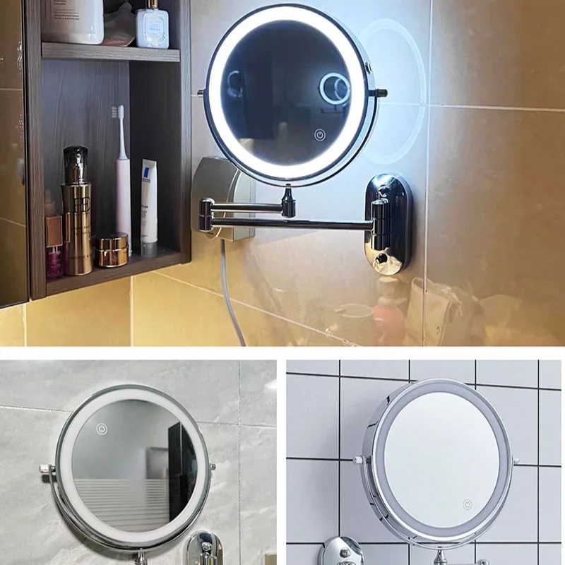 Bathroom White Smart Makeup Mirror 8-inch Folding LED Makeup Mirror 3X Magnification Double-sided Battery Mirror 2
