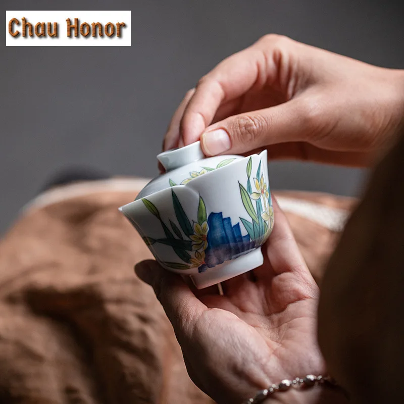 100ml Pure Hand-painted Narcissus Orchid Art Tea Tureen Boutique Tea Maker Gaiwan Ceramic Hand Grasping Tea Bowl Kung Fu Teaware